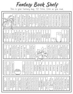 Tbr List Template, Fantasy Book Shelf, Bookshelf Journal, Fantasy Bookshelf, Genre Challenge, Book Checklist, Reading Journal Printable, Books Journal, Book Tok