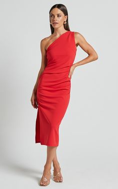 Get ready to turn heads in the stunning Monette Midi Dress! This one-shoulder straight dress is perfect for any formal occasion or wedding guest look. In a vibrant orange-red shade, this midi dress adds a pop of color to your wardrobe. The pencil dress silhouette hugs your curves in all the right places, while the sleeveless design keeps you cool and comfortable. Made from high-quality acrylic fabric, this dress offers both style and durability. Whether you're hitting the dance floor or mingling Wedding Guest Looks, Straight Dress, Acrylic Fabric, Dress Silhouette, Dress Formal, Vibrant Orange, The Dance, Pencil Dress, Formal Wedding