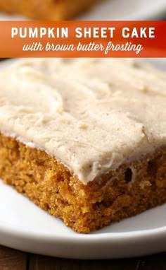 pumpkin sheet cake with brown butter frosting on a white plate