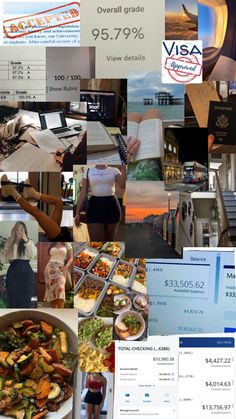 a collage of photos with various items and words on them that include visa cards