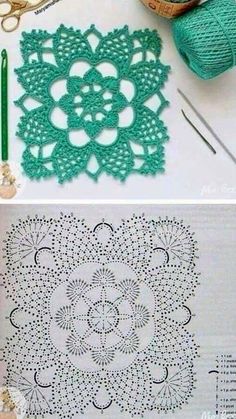 crocheted doily with yarn and scissors on the table next to it are photoshopped together