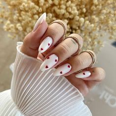 Elegant, Classy Press On Nails. Medium Length, Almond Shape, Milky Color Woth Red Shape Design. Fake Nails White, Nagel Tips, Hari Valentine, Heart Nail, Fake Nails With Glue, Her Nails, Red Nail, Girls Nails, Stick On Nails