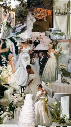 a collage of wedding dresses and bouquets