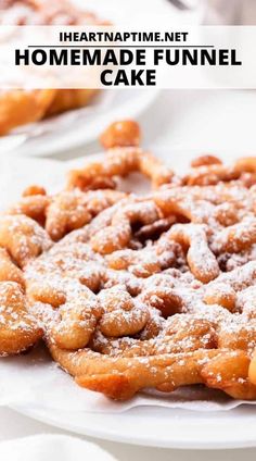 homemade funnel cake on a white plate with text overlay