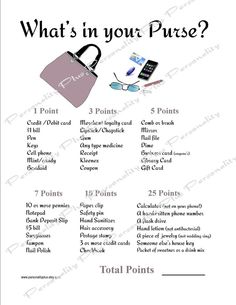 the contents of a purse and what's in your purse? info sheet with instructions