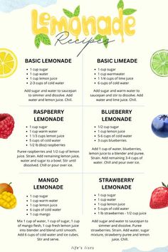 the lemonade recipe is shown with different fruits and vegetables on it, including raspberry