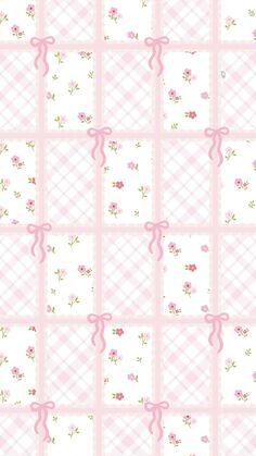 a pink and white checkered wallpaper with roses on the bottom, ribbons in the middle