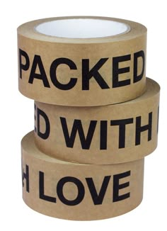 three rolls of tape with black words on them that say packed, i'd with love