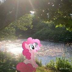 a pink pony standing in the grass next to a river