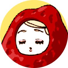 a drawing of a woman's face in a red scarf over her head with eyes closed