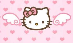 a hello kitty wallpaper with hearts and angel wings on the pink background is shown