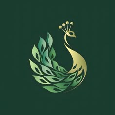 a green and gold bird with leaves on it's tail is standing in front of a dark background