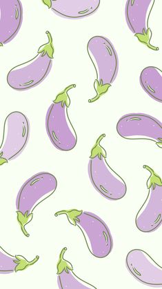 purple eggplant seamless pattern on white background with green stems and leaves in pastel colors