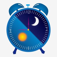 an alarm clock with the moon and stars on it's face is shown in blue