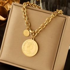 New! Round Gold Portrait Coin Necklace. 18k Gold Plating. See Description In Photos For Measurements. Portrait Necklace, Coin Pendant Necklace, Multi Layer Necklace, Mens Jewelry Necklace, Luxury Necklace, Girl Jewelry, Gold Necklace Designs, Long Pendant Necklace, Coin Necklace