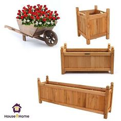 four wooden planters with red flowers in them and one wheelbarrow full of tulips