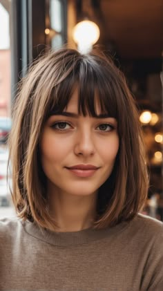 Incorporating Curtain Bangs with a Long Bob merges vintage charm with modern flair. This style suits almost everyone and is particularly flattering for those with long face shapes as it frames the face beautifully Bob And Bangs Haircut, Long Bob With Fringes, Shoulder Length Hair Short Bangs, Shoulder Length Haircut With Fringe, Bob Long Fringe, Short Hair W Wispy Bangs, Short Bob Hair With Fringe, Bob Hair Fringe, Shoulder Length Hairstyles With Fringe