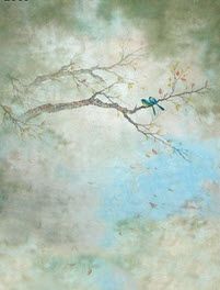 two birds sitting on a tree branch in front of a cloudy blue and green sky