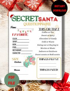 the secret santa question card is shown with presents around it and on top of a table