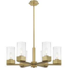 a brass chandelier with five clear glass cubes on the bottom and one light fixture