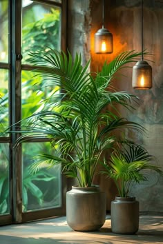 two potted plants sit in front of a window