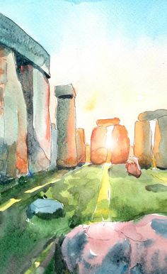 watercolor painting of stonehenge in the sun setting over green grass and rocks