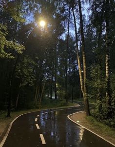 the sun shines brightly through the trees on a wet road