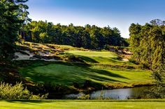 a golf course surrounded by trees and water