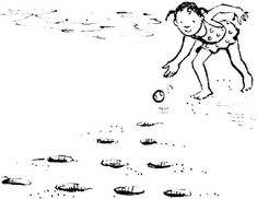 an old black and white drawing of a boy playing with a ball on the beach