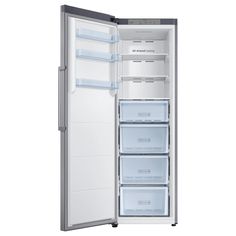 an open refrigerator freezer with the door wide open and no ice maker on wheels