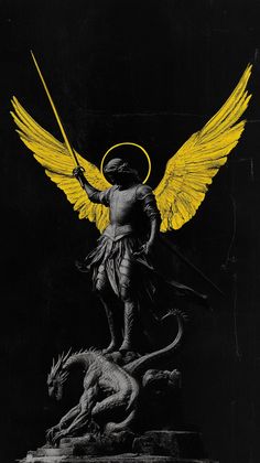 an angel standing on top of a statue next to a dragon in the dark with yellow wings