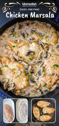 chicken marsala with mushrooms and parsley in a skillet