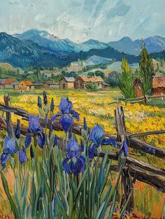 a painting of blue flowers by a fence in a field with mountains in the background