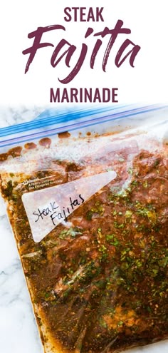 steak fajita marinade in a bag with the title overlaying it