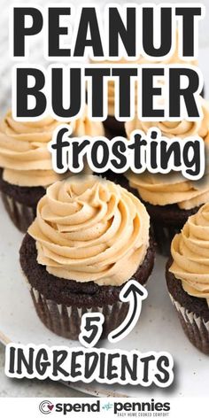 chocolate cupcakes with frosting and peanut butter frosting are on a plate