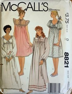 McCall's 8821;Misses' Nightgowns:  Pullover nightgown A or B is gathered to front and back yokes, has raglan sleeves with elastic in shoulder and lower casings.  Lace trim and ribbon tie.  Optional purchased lace appliques for A.  Pullover nightgown C or D is gathered to front and back yokes, has front vent opening with ribbon tie.  C has long sleeves with gathered cap and elastic in wrist casings . Ribbon and lace trim.  D has lace yokes, armhole ruffles and lace trim. Copyright 1983 Size: Larg Night Gown Vintage Sewing Patterns, Vintage Nightgown Pattern Satin, Vintage Nightgown Pattern Lace, Plaid Nightgown Upcycled, Vintage Apron Pattern, Victorian Nightgown, Nightgown Pattern, Sewing Vintage, Diy Wardrobe