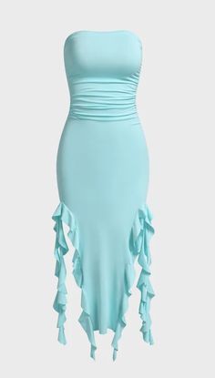 a dress with ruffles on the bottom and one shoulder, in light blue