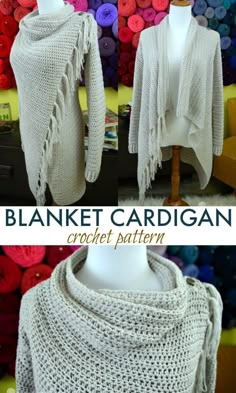 two knitted sweaters on mannequins with text overlay that reads, blanket cardigan crochet pattern