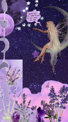 a fairy sitting on the moon surrounded by lavenders and butterflies with a message bubble above it