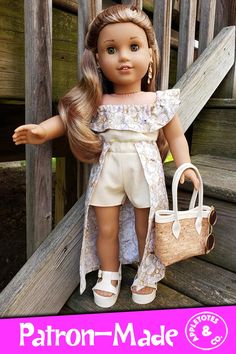 a doll with blonde hair holding a handbag and standing on some wooden steps next to a fence