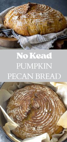 no bread pumpkin pecan bread in a pan with the title overlay above it