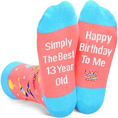 BIRTHDAY SOCKS13 year old girl gift ideas, teen girl gifts 13 years old. The top of the socks features birthday gifts, birthday crowns, balloons and other elements, the bottom is sewn with a hilarious hidden message: “Simply The Best 13 Year Old, Happy Birthday To Me”; All of the words are stitched directly into the socks ratherSIZE & PACKINGBest gifts for 13 year old girls. Fits for 8 - 13 years old girl; 1 pair of happy birthday socks comes in each plastic zippered Happypop bag.QUALITY MAT Teen Girl Birthday Gifts, Food Socks, Silly Gifts, 13th Birthday Gifts, 30th Birthday Funny, Gifts For Female Friends, Birthday Presents For Her, Birthday Gifts For Teens, Happy Birthday To Me