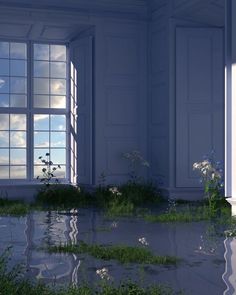 an empty room with large windows and grass in the foreground is flooded by water