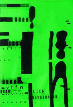 an abstract painting with black and green lines on it's sides, including the letters extrin in cursive writing