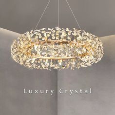 the luxury crystal chandelier is hanging in front of a gray wall and ceiling