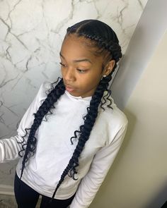 2 Scalp Braids With Weave, 2 Box Braids Hairstyles, Two Braids And Curls, Two Bohemian Feed In Braids, Boho Scalp Braids, Two Braids Hairstyle Black Women With Curls, Boho 2 Braids, 2 Boho Braids, Two Boho Braids