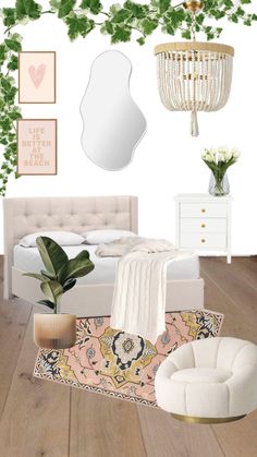 a bedroom with white furniture and green plants