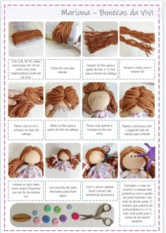 instructions on how to make a doll with yarn and buttons for dolls, including hair