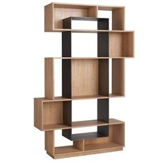 a wooden shelf with black and brown shelves on each side, one section is open