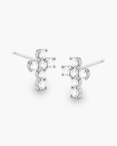 Stylish and striking, our silver women's Cross Stud Earrings will elevate your look instantly. With 12 perfectly handset diamond simulants in a luxurious silver setting, you can wear these earrings with confidence every day. Cross Stud Earrings, Mens Earrings Studs, Cross Earrings Studs, Solid Gold Chains, Diamond Simulant, Silver Shop, Elevate Your Look, Men's Rings, Pendant Bracelet